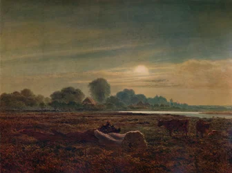 Flusslandschaft bei Mondschein mit Vieh, 1879, 1935