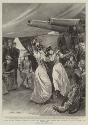 Ein Besuch des Kanalgeschwaders in Cadiz, zwei spanische Damen tanzen die Sevillana bei einem Empfang an Bord des Schiffes