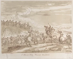 Kavallerie im Angriff, mit einer zentralen Figur auf einem Pferd, die ein Schwert erhebt, 1735