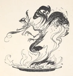Ein Drache, der aus einem Teller brennenden Geldes auftaucht