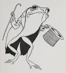 Ein Frosch mit Zylinder und Frack, der einen Spazierstock trägt.