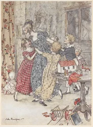 Eine junge Frau und Kinder tanzen in einem Spielzimmer voller Spielzeug.