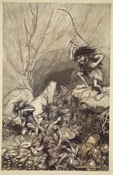Albrecht treibt eine Schar Nibelungen mit Gold- und Silberschätzen zusammen, aus 