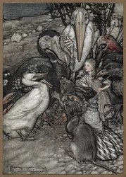 Alice und die Tiere nach dem Caucus-Rennen, einschließlich eines Dodos, einer Ente, einer Ratte, einer Krähe und eines Papageis