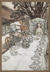 Alice bei der Teegesellschaft des verrückten Hutmachers mit dem Märzhasen, der Haselmaus und dem verrückten Hutmacher