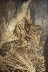 Brunnhilde auf Grane springt auf den Scheiterhaufen von Siegfried, Illustration aus 