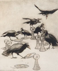 Aber sie sagten nacheinander: Hallo! Wer hat von meinem Teller gegessen? Wer hat aus meiner Tasse getrunken? aus Die Märchen der Brüder Grimm, veröffentlicht 1909
