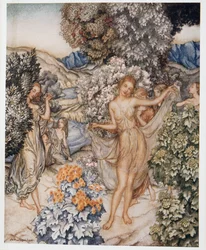 Kommt, gemäßigte Nymphen, und helft, einen Vertrag der wahren Liebe zu feiern, Illustration aus William Shakespeares Der Sturm, veröffentlicht 1926