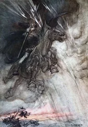 Wütend reitet Wotan zum Felsen. Illustration zu „Das Rheingold“ und „Die Walküre“ von Richard