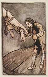 Gulliver küsst die Hand der Königin von Brobdingnag (aus Gullivers Reisen von Jonathan Swift)