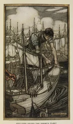 Gulliver erobert die feindliche Flotte, Illustration aus Gullivers Reisen von Jonathan Swift, von Arthur Rackham