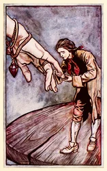 Gulliver küsst die Hand der Königin von Brobdingnag, aus Teil II: Eine Reise nach Brobdingnag in Gullivers Reisen von Jonathan Swift