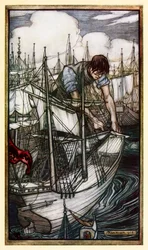 Gulliver ergreift die feindliche Flotte, aus Teil I: Eine Reise nach Lilliput in Gullivers Reisen von Jonathan Swift