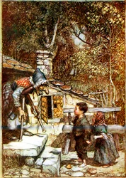 Hänsel und Gretel und die Hexe an der Türschwelle ihres Häuschens