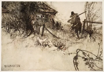 Er fand das Haus verfallen? Mein eigener Hund, seufzte der arme Rip, hat mich vergessen., aus Rip Van Winkle von Washington Irving, veröffentlicht 1910