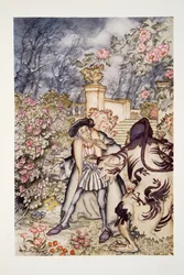 Er hörte ein lautes Geräusch und sah ein Tier auf sich zukommen, so furchterregend anzusehen, dass er vor Angst fast in Ohnmacht fiel, aus The Arthur Rackham Fairy Book, veröffentlicht 1933