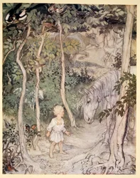 Er könnte denken, während er ein ihn anstarrendes Pferd anstarrte: „Ein Junge kann nicht mit dem Schwanz wedeln, um die Fliegen fernzuhalten“, Illustration aus „Irish Fairy Tales“ von James Stephens, 1920