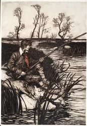 Er würde den ganzen Tag auf einem nassen Felsen sitzen und angeln., aus Rip Van Winkle von Washington Irving, veröffentlicht 1910