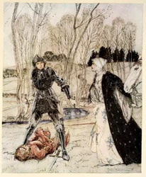 Wie Beaumains den Roten Ritter besiegte und die Jungfrau immer viele böse Worte zu ihm sprach, Illustration aus 