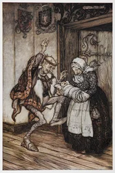 Illustration aus Dornröschen von einem alten König und einer alten Königin und ihrem Baby.