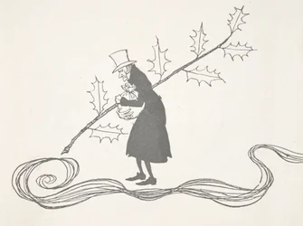 Illustration von Scrooge, dargestellt mit einem Stechpalmenzweig, der eine Geldtasche hält und wütend aussieht.