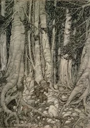 Im Wald mit einem Fass aus Rip Van Winkle, geschrieben von Washington Irving (1783-1859), 1905