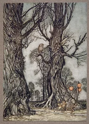 Fackelträger laufen vorneweg und tragen Winterkirschen, aus Peter Pan in Kensington Gardens von J M Barrie, veröffentlicht 1906
