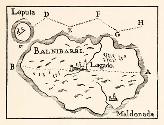 Karte von Laputa (fliegende Insel oben rechts) und Balnibarbii (Haupthafen Maldonada) aus Teil III: Eine Reise nach Laputa, Balnibarbi, Luggnagg, Glubbdubdrib und Japan in Gullivers Reisen von Jonathan Swift