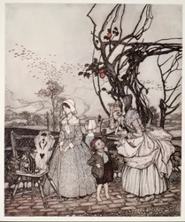 Mutter und Kinder kommen vom Apfelsammeln zurück (aus Rip Van Winkle von Washington Irving)
