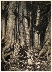 Sie halfen sich gegenseitig und kletterten eine enge Schlucht hinauf., aus Rip Van Winkle von Washington Irving, veröffentlicht 1910