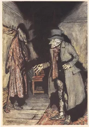 Scrooge in seinem Haus bei Nacht