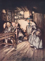 Sie bat ganz hübsch, dort übernachten zu dürfen. Illustration von Arthur Rackham aus Grimms Märchen, Die Hütte im Wald, veröffentlicht Ende des 19. Jahrhunderts.