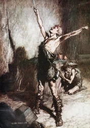 Siegfried schmiedet sein Schwert. Illustration für Siegfried und Die Götterdämmerung von Richard Wagner