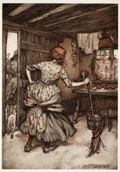 So dass er gezwungen war, seine Kräfte zurückzuziehen und sich auf die Außenseite des Hauses zu begeben - die einzige Seite, die in Wahrheit dem unterdrückten Ehemann gehört., aus Rip Van Winkle von Washington Irving, veröffentlicht 1910