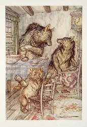 Jemand hat in meinem Stuhl gesessen und hat den Boden durchgesessen! sagte der kleine, kleine, kleine Bär, aus The Arthur Rackham Fairy Book, veröffentlicht 1933