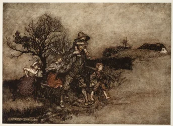 Umgeben von einer Schar von Kindern., aus Rip Van Winkle von Washington Irving, veröffentlicht 1910