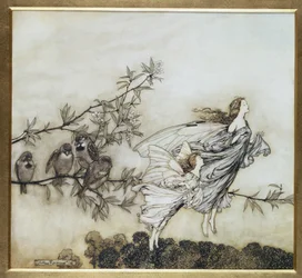 Die Feen haben ihren Streit mit den Vögeln, 1906 Illustration für Peter Pan in Kensington Gardens von J.M. Barrie, veröffentlicht 1906 (Tinte und Aquarell)