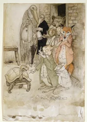 Der Hase und die Schildkröte, Illustration aus Aesops Fabeln, veröffentlicht von Heinemann, 1912