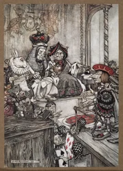 Der Herzbube im Dock vor der Herz-Königin und dem Herz-König, beschuldigt, die Törtchen gestohlen zu haben