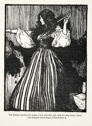 Die Jungfrau holte den Zauberstab, dann nahm sie den Kopf ihrer Stiefschwester und ließ drei Tropfen Blut davon fallen, aus den Märchen der Brüder Grimm, veröffentlicht 1909
