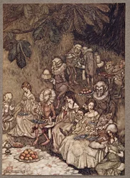 Die Feen sitzen auf Pilzen und sind anfangs gut erzogen, aus Peter Pan in Kensington Gardens von J. M. Barrie (1860 - 1937), veröffentlicht 1906