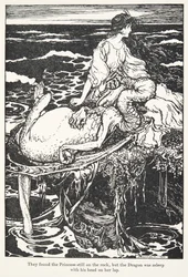 Sie fanden die Prinzessin noch auf dem Felsen, aber der Drache schlief mit seinem Kopf auf ihrem Schoß, aus den Märchen der Brüder Grimm, veröffentlicht 1909
