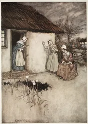 Die guten Frauen des Dorfes versäumten es nie, bei ihren abendlichen Klatschereien die ganze Schuld auf Dame Van Winkle zu schieben., aus Rip Van Winkle von Washington Irving, veröffentlicht 1910