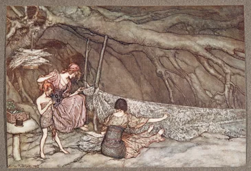 Die kleinen Leute weben ihre Sommergardinen aus Skelettblättern .., aus Peter Pan in Kensington Gardens von J. M. Barrie (1860 - 1937), veröffentlicht 1906