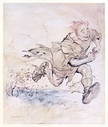 Das Stampfen seiner großen Stiefel wurde so kontinuierlich wie das Prasseln von Hagelkörnern auf einem Dach, und der Wind seines Vorbeigehens riss Bäume um. aus The Carl of the Drab Coat in Irish Fairy Tales