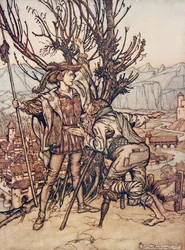 Der junge Prinz sagte: Ich habe keine Angst; ich bin entschlossen, die schöne Dornröschen zu sehen, aus Die Märchen der Brüder Grimm, veröffentlicht 1909