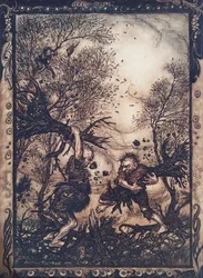 Sie gerieten in solche Wut, dass sie Bäume mit den Wurzeln ausrissen und aufeinander einschlugen, bis sie beide tot umfielen, aus Die Märchen der Brüder Grimm, veröffentlicht 1909