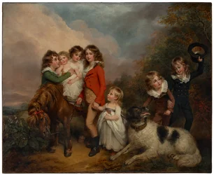 Porträt der Kinder von Benjamin Goldsmid, mit einem Pony und einem Hund in einer Landschaft