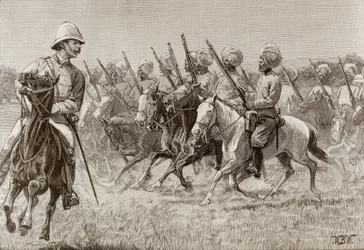 Britisches Empire (19. Jh.). Die neuen Regimenter von Burma. Kompanie der berittenen Infanterie des zweiten Regiments. Gravur.