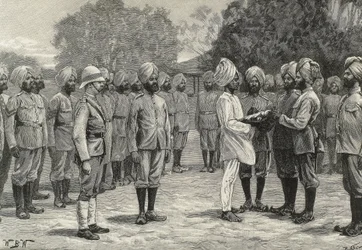 England (19. Jahrhundert). Kolonisation. Indien. Die neuen Regimenter von Burma. Vereidigung neuer Rekruten. (Stich)